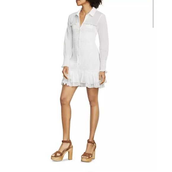 Veronica Beard Kelsey Button-Down Ruffled Smocked Dress in White Size 10 - Picture 4 of 12